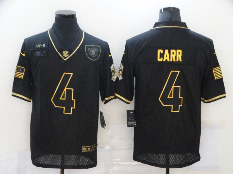 Men Oakland Raiders 4 Carr Black Retro Gold Lettering 2020 Nike NFL Jersey